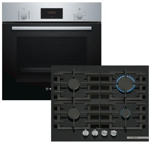 BOSCH Herdset: Backofen mit Schnellaufheizung & Gaskochfeld FlameSelect 60cm - Kombigerät mit 4 Herdplatten und 66L Backofen, ideal für effizientes Kochen. Pflegeleichtes Design mit digitaler Anzeige und Timer, Energieeffizienzklasse A.