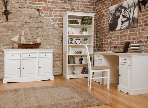 Landhaus Schreibtisch aus Echtholz – Stilvolles Büromöbel in Weiß - Dieser elegante Computertisch aus Holzfurnier bietet mit 2 Schubladen und einem integrierten Schrank ausreichend Stauraum. Ideal für Arbeitszimmer und Wohnzimmer, sorgt er für Ordnung und Stil.