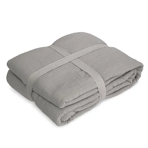 Musselin Decke 130x180 cm – Kuschelige Wohndecke mit weicher Fleece-Rückseite – 100% Baumwolle Vorderseite – Atmungsaktiv & Warm – Ideal als Sofadecke & Tagesdecke (grau)