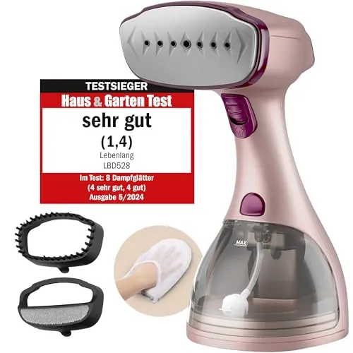 LEBENLANG Steamer Dampfglätter TESTSIEGER - 1500W & 300ml - Erleben Sie kraftvolles Dampfglätten mit dem LEBENLANG Steamer. Mit 1500W heizt er in unter 40 Sekunden und sorgt für faltenfreie Kleidung bis zu 15 Minuten. Inklusive Bügelhandschuh und Aufsätzen für vielseitige Anwendungen.