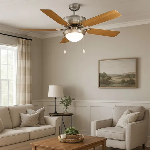 EGLO Deckenventilator BALLINA, 5 Flügel mit Licht - Ventilator für Innenräume, 132 cm Durchmesser, mit Zugkette und Sommer-Winter-Funktion; ideal für Räume bis 27 qm, sorgt für angenehmes Raumklima das ganze Jahr über.