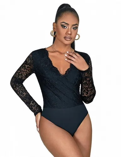 Women Spitze Body Langarm Bodysuits - Elegante Blumen Dessous - Modischer Damen-Bodysuit in Schwarz mit floralem Design, semi-transparent und aus dehnbarem Material für perfekten Sitz und Komfort.