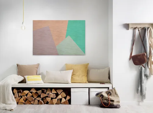 living walls Leinwandbild Geometrie, türkis, 90x60 cm - Moderne Bilder für stilvolle Räume: Auffälliges geometrisches Design in türkis und rosa mit natürlicher Holzmaserung, ideal für ein zeitgemäßes Ambiente.