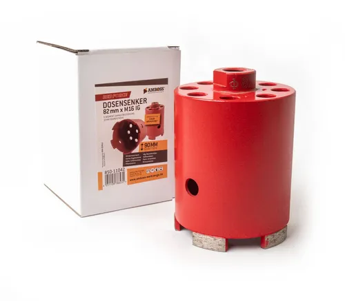 Amboss Werkzeuge Dosensenker Ø 82 mm mit Absaugung - Hochwertiger Dosensenker für Bauprofis, ideal für harte Materialien wie Ziegel und Beton. Mit Absauglöchern für sauberes Arbeiten und langlebigen, lasergeschweißten Segmenten.