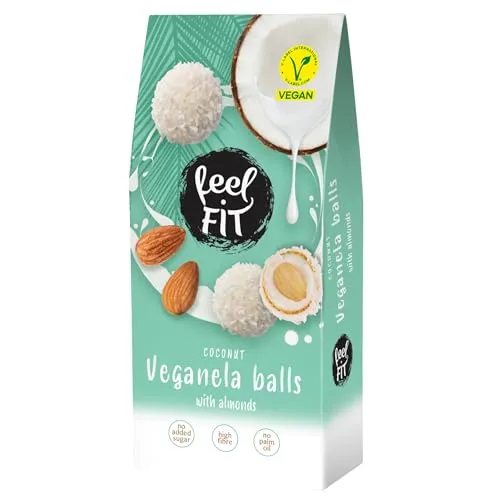 Feel FIT Veganela Balls, vegane Kokosnusspralinen mit ganzen Mandeln im Inneren und Kokosmilchcreme, ohne Zuckerzusatz, ohne Palmöl 63 g