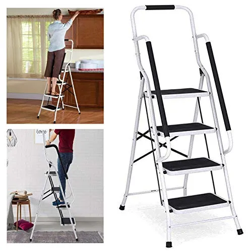 Trittleiter 4 Stufen Klappbar mit handlauf und Rutschfester Stufen, Klapptritt Klappleiter Klapptreppe Stehleiter Haushaltsleiter Leiter Leiter, Ideal für Zuhause/Küche/Garage, belastbar bis 150 kg