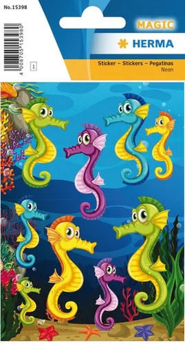 HERMA 15398 Aufkleber Seepferdchen - 9 Stück Neon Tiere Sticker, ideal für kreative Bastelprojekte und als Geschenk für Kinder