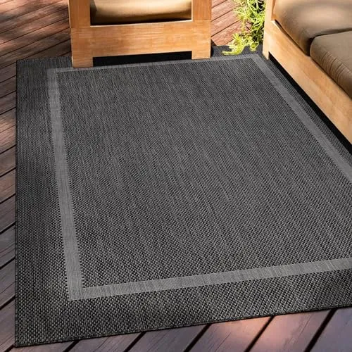 Teppium Outdoor Teppich Wetterfest 120 x 170 cm Schwarz Sisal Optik - Küchenteppich Waschbar rutschfest, Wasserfest, Bordüre, Pflegeleicht - Ideal für Balkon, Terassen, Garten, Camping oder Küche