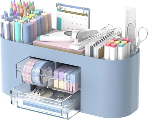 SUPTIDY Schreibtisch-Organizer mit Stiftehalter, 10-Fach Stifteorganizer mit 3 Schubladen, Kunststoff-Schreibtischorganizer und Zubehör für Schreibtischorganisation und Aufbewahrung, Bürobedarf (Blau)