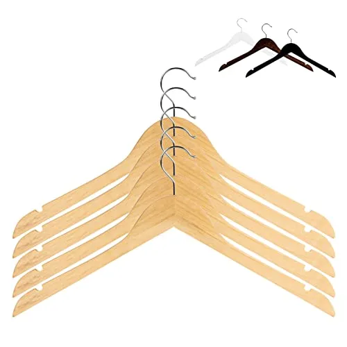 RSR Hangers 100 x Kleiderbügel Holz Natur | ohne Steg I Holzkleiderbügel | Hemdenbügel | Blusenbügel | mit Rockkerbe | 360° drehbarer Haken | ver. Farben OS1