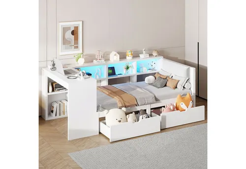 Odikalo Stauraumbett 90x200 cm mit LED-Leuchten und Schubladen - Praktisches 90x200 cm Plattformbett in Weiß mit gepolstertem Kopfteil, Schubladen und integrierten Ablageflächen. Ideal für stilvolle und platzsparende Einrichtung, perfekt für Kinder- und Jugendzimmer!