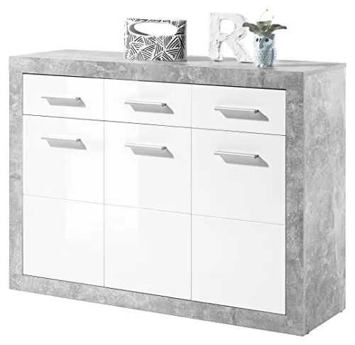 Kommode STONE Sideboard Beton grau Nb. / Weiß, ca. 117 x 88 x 37 cm - Moderne Kommode in Betonoptik, bietet viel Stauraum und setzt stilvolle Akzente in jedem Raum.