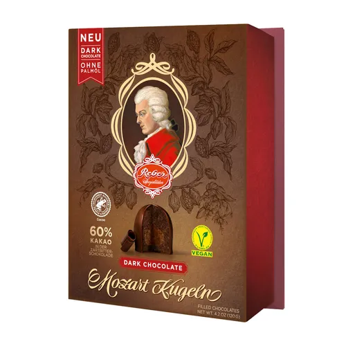 Reber Mozart-Kugeln Dark Chocolate, 6er Packung - Praline mit veganer Zartbitterschokolade (mind. 60% Kakao) und hochwertigem Marzipan, ideal für anspruchsvolle Schokoladen-Liebhaber. Nachhaltige Produktion mit Rainforest Alliance-zertifiziertem Kakao.