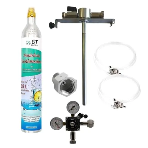 GASTROBEDARF WESTERBARKEY GDW Zubehörset für 5l Dosen Partyfass mit 5l Dosenadapter, 425g Soda-Flasche Co2, Bierschlauch, Co² Schlauch, Druckminderer mit Füllstandsanzeige