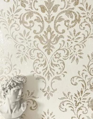 Newroom Vliestapete - Creme Barocktapete mit Vintage Ornamenten - Tapeten, die dem Wohnraum ein elegantes Ambiente verleihen und mit ihrem leichten Glanz für eine warme Atmosphäre sorgen. Ideal für Schlafzimmer, Wohnzimmer und Küche.