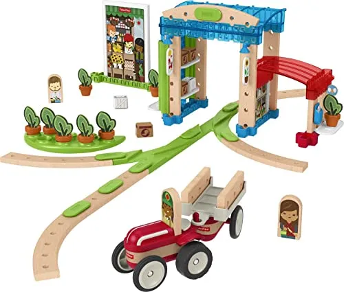 Fisher-Price FXG14 - Wunder Werker Holzspielzeug Kleine Stadt - Spielfigur Spielsets mit 75 Teilen aus FSC zertifiziertem Holz, fördert Kreativität und individuelles Spielen durch 2 Aufbaumöglichkeiten für Stadt und Schienen.