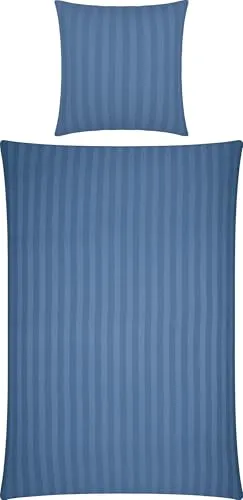 Erwin Müller Mako-Damast Bettwäsche-Set Fürth mit Streifen, Bettbezug, blau Größe 80x80 cm / 155x220 cm - temperaturausgleichend, Kochfest, mit Reißverschluss, 100% Baumwolle