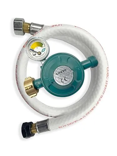 Cozze® Gasdruckminderer mit Manometer 28 mbar – speziell für Frankreich – flexibler Schlauch 1,1 m – Auslaufsicherung – Adapter 1/4 Zoll auf 1/2 Zoll – kompatibel mit Pizzaöfen Cozze®