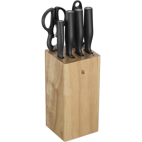 WMF Impulse 7-teiliges Messerblock Set - Küchenmesserset mit 4 hochwertigen Messern, Küchenschere, Wetzstahl und platzsparendem Gummibaumholzblock – exzellente Schärfe und ergonomisches Design für müheloses Schneiden.