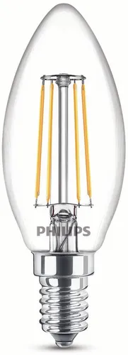 Philips Filament-Kerzenlampe, B35 E14, transparent, 40 W, 4,3 W, 40 W, E14, 470 lm, 15000 h, Warmweiß