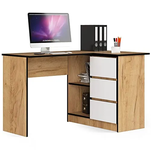 AKORD Eckschreibtisch B16 mit Regal 124 cm - Praktischer Ecktisch für Home & Office - Schreibtisch mit 3 Schubladen und 2 Ablagefächern, ideal für platzsparendes Arbeiten. Pflegeleichte Oberfläche und einfache Montage machen ihn zum perfekten Begleiter für jeden Arbeitsplatz.