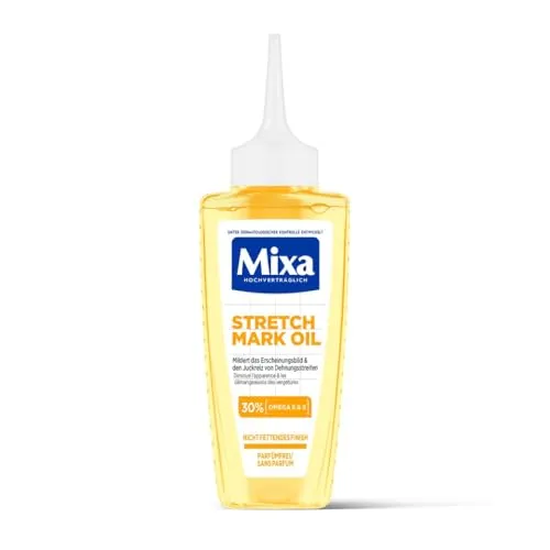 Mixa Stretch Mark Oil Körperöl 100 ml - Körperöl zur Reduzierung von Dehnungsstreifen in 4 Wochen, mit 30 % Omega 6 & 9 für glattere Haut, parfümfrei und ideal für empfindliche Haut.