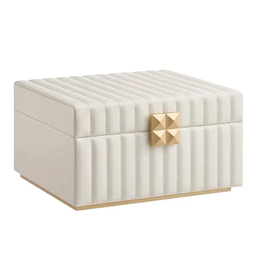 SONGMICS HOME ANAH Kollektion - Schmuckkästchen 2 Ebenen, Schmuckbox mit Spiegel, Schmucktablett herausnehmbar, PU mit Nähten, Schwebe-Effekt, 21,5 x 24 x 13,5 cm Geschenkidee, wolkenweiß JBC182W01