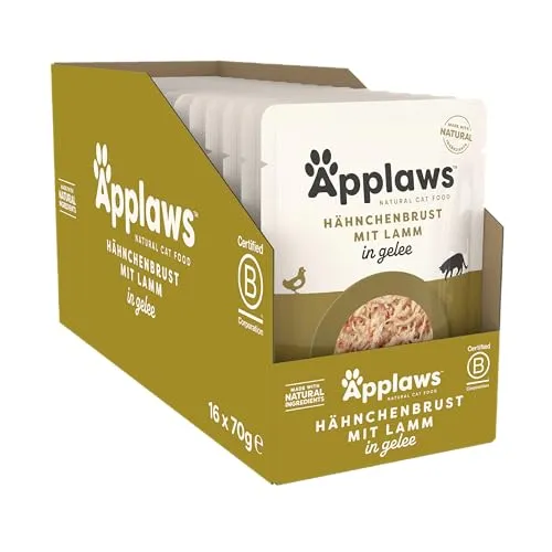 Applaws Premium Natural Katzenfutter Nass, Huhn mit Lamm in Gelee 70g Portionsbeutel (16x70g)