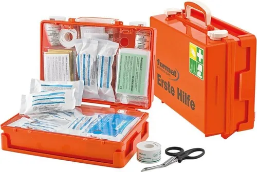 Verbandkasten DIN 13169 groß - orange - Erste Hilfe Verbandkasten, ideal für Betriebe mit vielen Mitarbeitern, robust und schlagfest aus ABS-Kunststoff, mit Wandhalterung und schneller Auffindbarkeit durch die orange Farbgebung.
