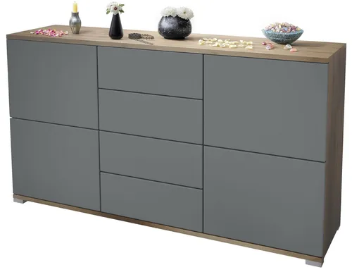 Vladon Sideboard Rova V1 – Modernes Design mit 4 Türen und 4 Schubladen - Stylisches Sideboard Rova V1 für eleganten Stauraum. Mit 4 Schubkästen und 4 Türen bietet es viel Platz für Deko und Geschirr. Das innovative Push-to-Open-System ermöglicht eine einfache Handhabung.