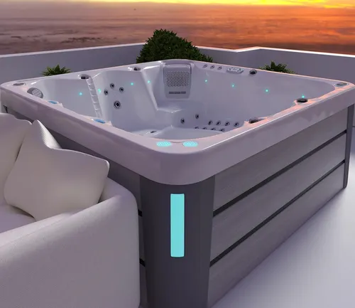 Whirlwanne Outdoor-Spa 210x210 cm mit Hydromassage - Erleben Sie Entspannung pur mit unserer quadratischen Whirlwanne. Ideal für den Außenbereich, bietet sie LED-Beleuchtung und ein großzügiges Fassungsvermögen von 1200 L. Maße: 210 x 210 x 83 cm.