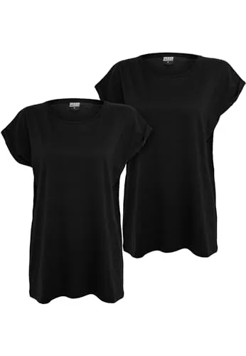 Urban Classics Damen Extended Shoulder Tee 2er Pack – Baumwoll T-Shirt mit überschnittenen Schultern, Loose Fit Basic für Alltag, Freizeit & Streetwear,Black+Black,XS
