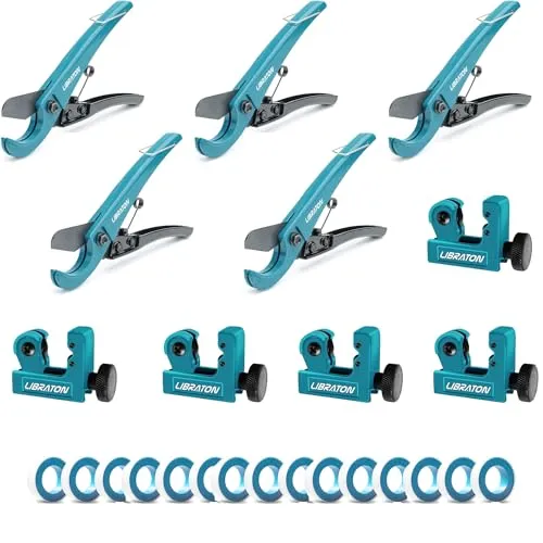 Libraton PVC Rohrschneider Kunststoff 0-31mm, 5-teiliges Rohr Schere für PEX PPR-Kunststoffschläuche und Rohrleitungen, Schlauchschneider-Set mit Mini Rohrschneider Kupferrohr, PTFE-Dichtungsbänder