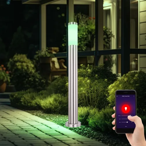 Edelstahl Sockel Leuchte mit App & Sprachsteuerung - Moderne Außen Sockel Leuchte aus Edelstahl, IP44 spritzwassergeschützt, inklusive dimmbarer RGB LED und Fernbedienung für stimmungsvolles Licht im Garten.