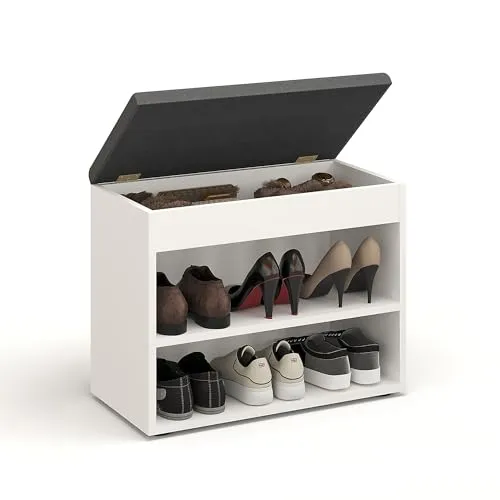 KOMTO Schuhregal Sofia Weiß 60 cm - Schuhablage mit Sitzbank - Schuhregal und Sitzbank in einem! Mit Platz für 6 Paar Schuhe und einem gepolsterten Kissen ist die Sofia Schuhbank ideal für den Flur. Robuste Bauweise und modernes Design für jedes Zuhause.
