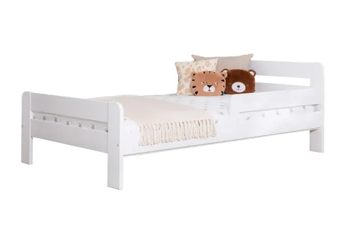 TiCAA Einzelbett Kinderbett Jugendbett Bennet mit Rausfallschutz - Massives Kiefernholz-Bettgestell 90 x 200 cm, stabil mit Rausfallschutz und ideal für sichere Nächte im Kinderzimmer.