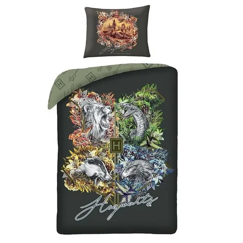 Halantex Harry Potter Bettwäsche Premium - Premium Bettwäsche mit offiziellen Harry Potter Emblemen der Häuser in 100% Baumwolle. Beinhaltet einen Bettbezug (200 x 140 cm) und einen Kissenbezug (90 x 70 cm) für magischen Schlafkomfort.