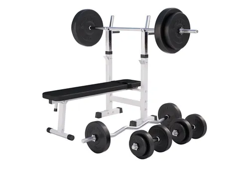 GORILLA SPORTS® Hantelbank mit Ablage und Dip-Station, 100kg Hantelset - Hantelbänke für effektives Krafttraining: Verstellbare und klappbare Fitnessbank mit 100kg Hantelset, ideal für ein umfassendes Workout zu Hause.