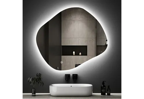 WDWRITTI Badspiegel LED Spiegel Badspiegel mit Beleuchtung Modern Dreifarbiges Dimmbar (Dekospiegel Asymmetrisch Spiegel, 84x74cm), Energiesparend, IP44