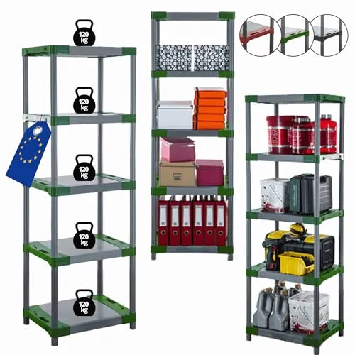 MODO24 Plastikregal Jupiter-5 (Höhe 180 cm, Grün) - Modulares Kunststoffregal für Werkstatt und Keller, 5 Ablagen mit 120 kg Tragkraft pro Boden. Flexibel anpassbar und winterbeständig, ideal für Feuchträume.