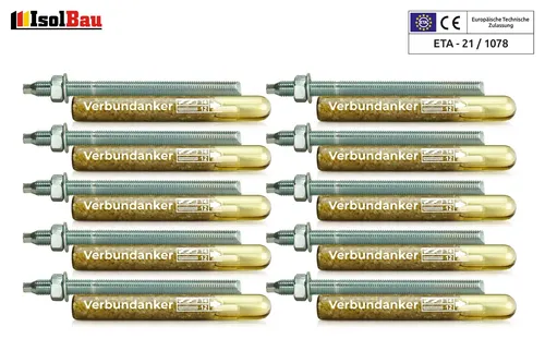 Set 10x Verbundankerpatrone M12 + Ankerstange M12 x300mm Verz. ETA Mörtelpatrone