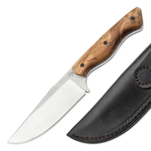 BÖKER PLUS Overnighter Jagd- & Outdoormesser D2 mit Holzgriff - Hochwertiges Jagdmesser mit ergonomischem Wurzelholz-Griff, ideal für Jagd und Outdoor-Aktivitäten. Mit extrem scharfer D2-Klinge und praktischer Lederscheide.