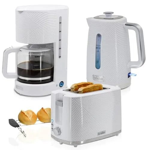 briebe Elegance Set Brottoaster, Wasserkocher & Filterkaffeemaschine - Elegantes Frühstücksset mit breitem Schlitz-Toaster für 2 Scheiben, kabellosem Wasserkocher (1,7 l, 2200 W) und 10-Tassen-Kaffeemaschine. Ideal für ein schnelles und stilvolles Frühstück.
