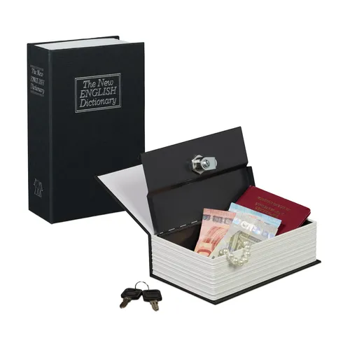 relaxdays Buchtresor klein verschließbar, schwarz - Kleiner, unauffälliger Safe in Buchform für sichere Aufbewahrung von Wertsachen. Ideal für Zuhause oder Reisen, inklusive Ersatzschlüssel. Täuschend echt und perfekt als Geschenk!
