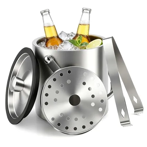 Foydream Eiswürfelbehälter Edelstahl, Eiskübel mit Deckel, Eisbehälter für Eiswürfel Eiskübel mit Clips, Sieb und Schaufel, Perfekt zum Abkühlen von Getränken, Ice Cube Tray, Bier, Sektkühler (3L)