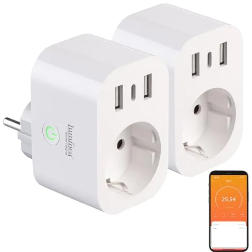 Luminea Home Control Elesion WLAN Steckdose: 2er-Set WLAN-Steckdose m. Energiekostenmesser, 1x USB-C 20W, 2x USB-A (Zeitschaltuhr Steckdosen App, mit Anschluss, Bedienungsanleitung)