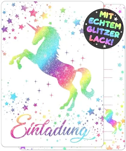 VULAVA 12x GLITZER Einhorn EINLADUNGSKARTEN KINDERGEBURTSTAG Mädchen Junge - die Regenbogen PARTY Karten sind die Einhorn EINLADUNG für Mädchen Jungen Kinder GEBURTSTAG Einladung Pferde UNICORN