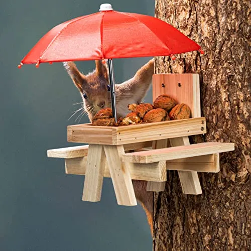 Eichhörnchen Futterstation Picknick mit Schirm - Futterstation für Wildvögel, dekorative Picknick-Tisch Optik mit abnehmbarem Regenschirm für wetterfestes Füttern