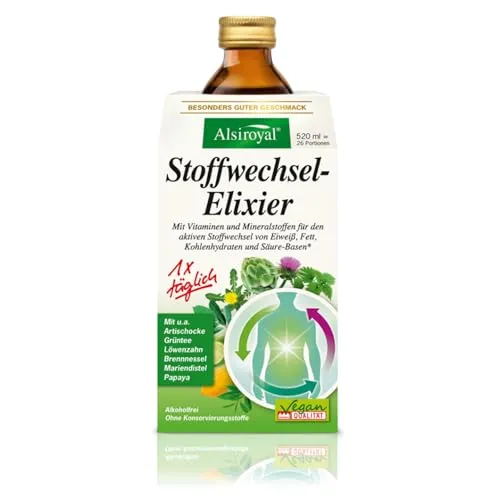 Alsiroyal Stoffwechsel Elixier 520 ml – Aktive Unterstützung für Stoffwechsel - Pflanzliches Ergänzungsmittel mit Artischocke, Brennnessel und Vitaminen für einen aktiven Stoffwechsel. Fruchtiger Geschmack, einfach dosierbar und alkoholfrei – ideal für den täglichen Gebrauch!