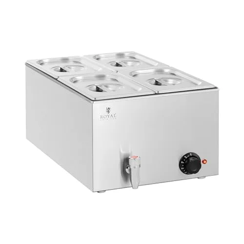 Royal Catering RCBM_GN1/4 Bain Marie 600 W - Speisenwärmer mit 4 GN-Behältern für gleichzeitiges Warmhalten von Speisen, hygienisch und leicht zu reinigen dank Edelstahloberflächen.